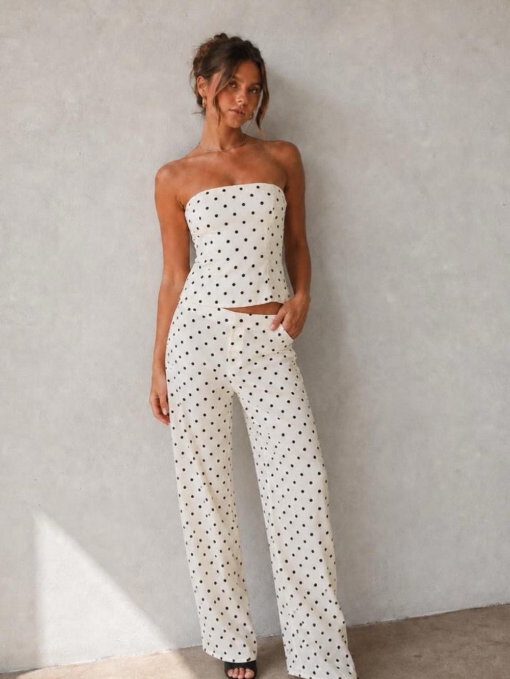 Princess Polly White Polka Dot Strapless set with Pants S